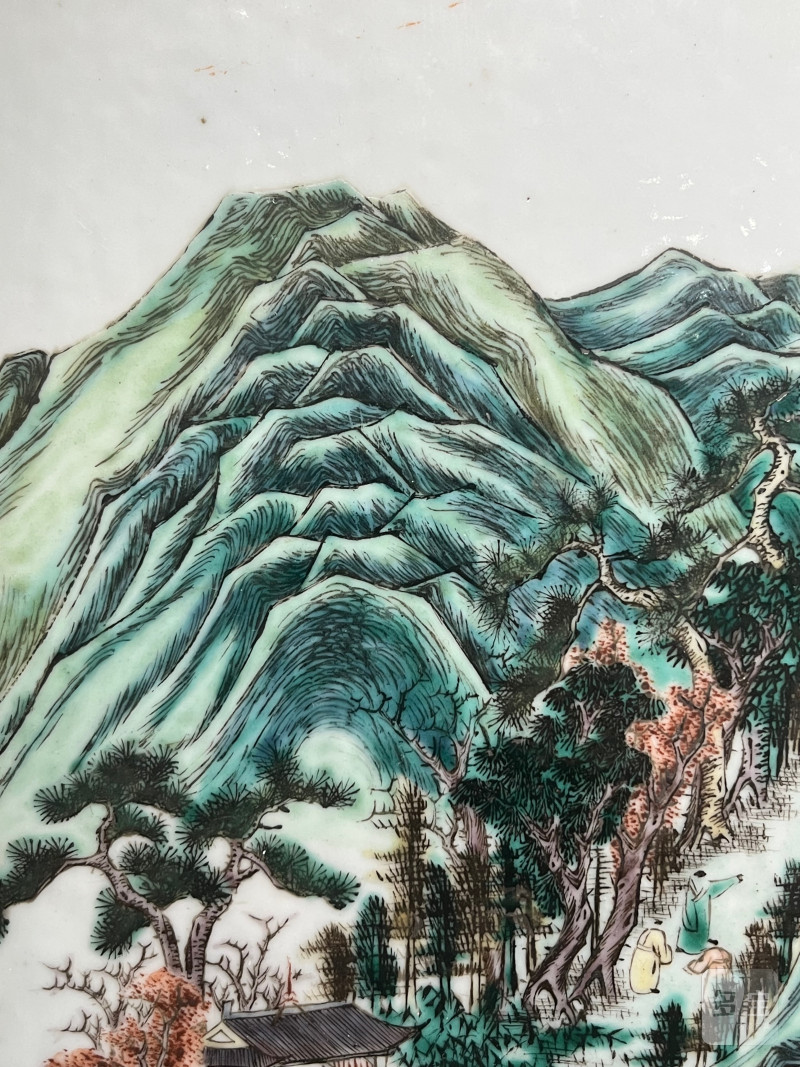 清咸丰  粉彩“白云望晚”山水人物诗文大瓷板 - 图10